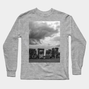 Cloudy Turmoil Above Stone Henge - BW Long Sleeve T-Shirt